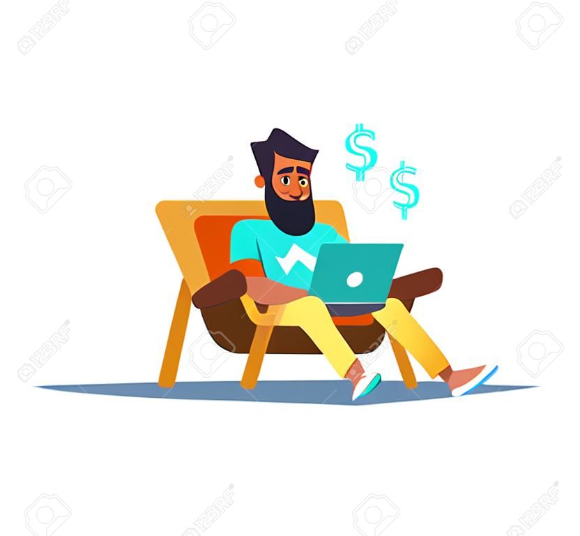 Hombre que trabaja en casa con el ordenador portátil en el sillón. El concepto de trabajo a distancia de un empresario.
