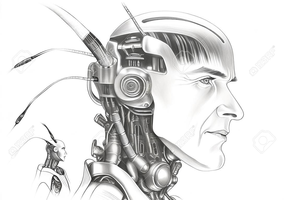 pencil drawing of the head of cybernetic robot android