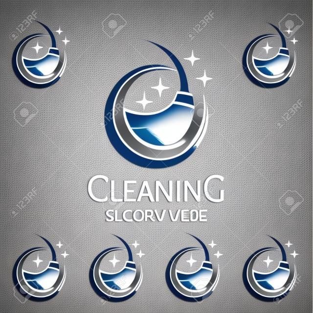 Дизайн логотипа вектор службы уборки, экологически чистые с блестящей стеклянной щеткой и кругом концепции, изолированные на белом фоне