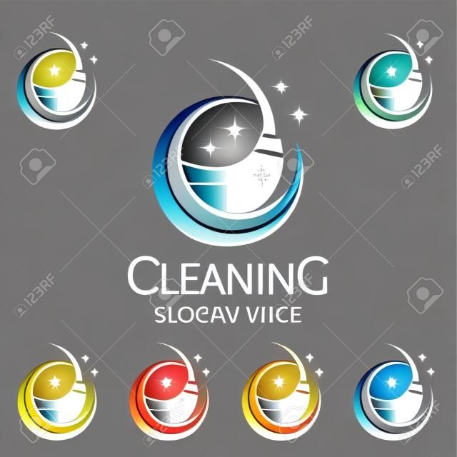 Servizio di pulizia Vector Logo Design, Eco amichevole con la spazzola di vetro brillante e concetto del cerchio isolato su fondo bianco