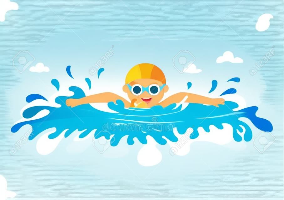 Cute Little Kids Swimming Background Vector Illustration en estilo de dibujos animados planos. gente vestida con traje de baño, nadando en verano y realizando actividades acuáticas