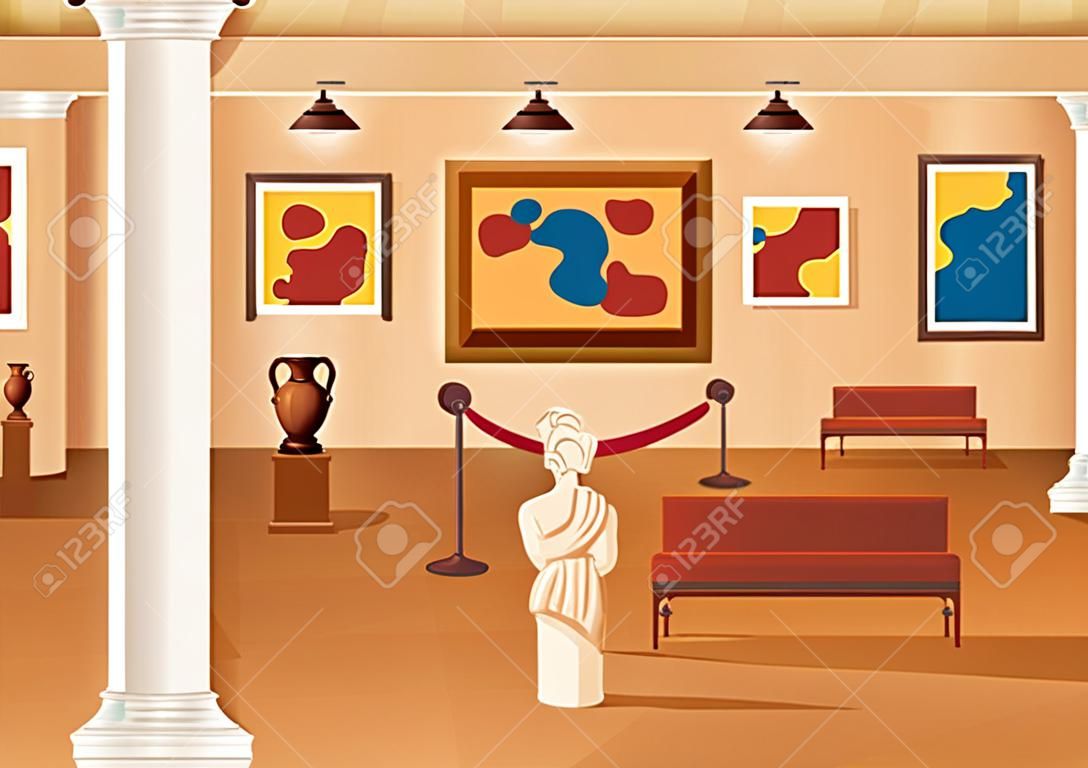 Galleria d'arte museo interno mostra di illustrazioni di cartoni animati, cultura, scultura e pittura per alcune persone per vederlo in un design in stile piatto