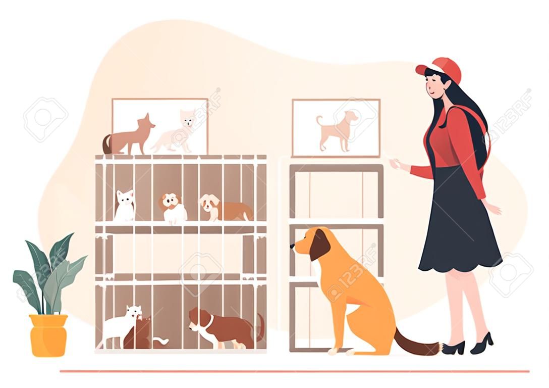 Animal Shelter Cartoon Illustratie met Huisdieren Zittend in kooien en vrijwilligers Voeden Dieren voor het adopteren in platte hand getrokken Style Design