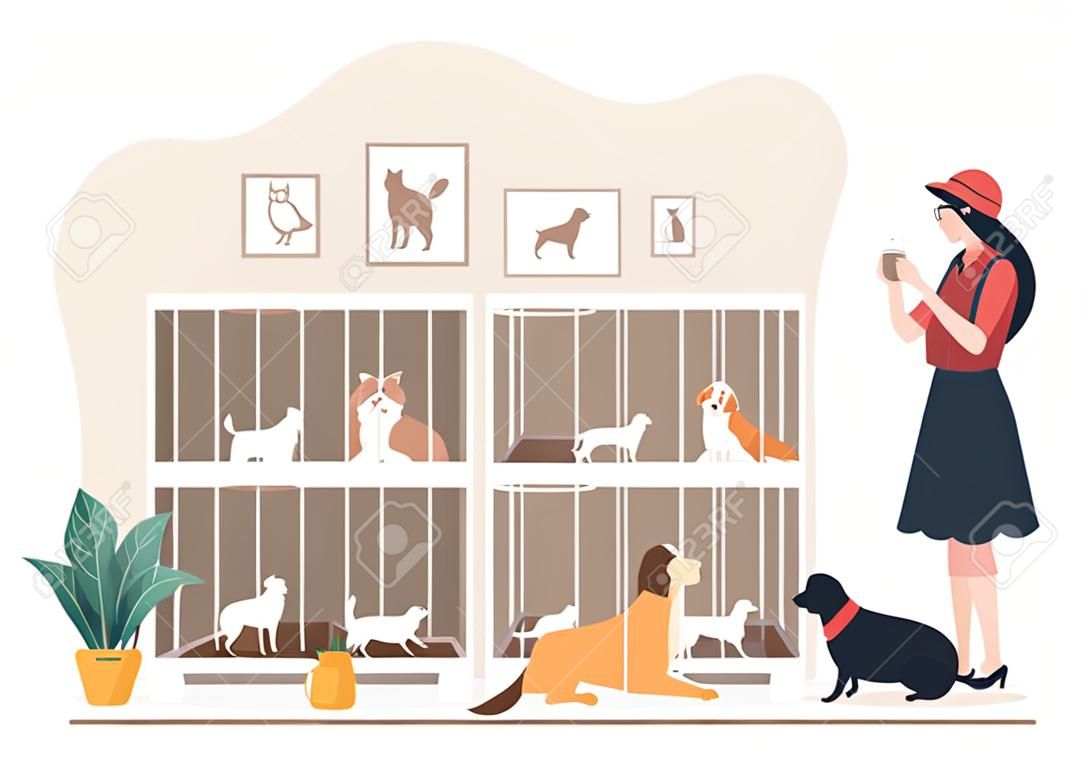 Animal Shelter Cartoon Illustratie met Huisdieren Zittend in kooien en vrijwilligers Voeden Dieren voor het adopteren in platte hand getrokken Style Design