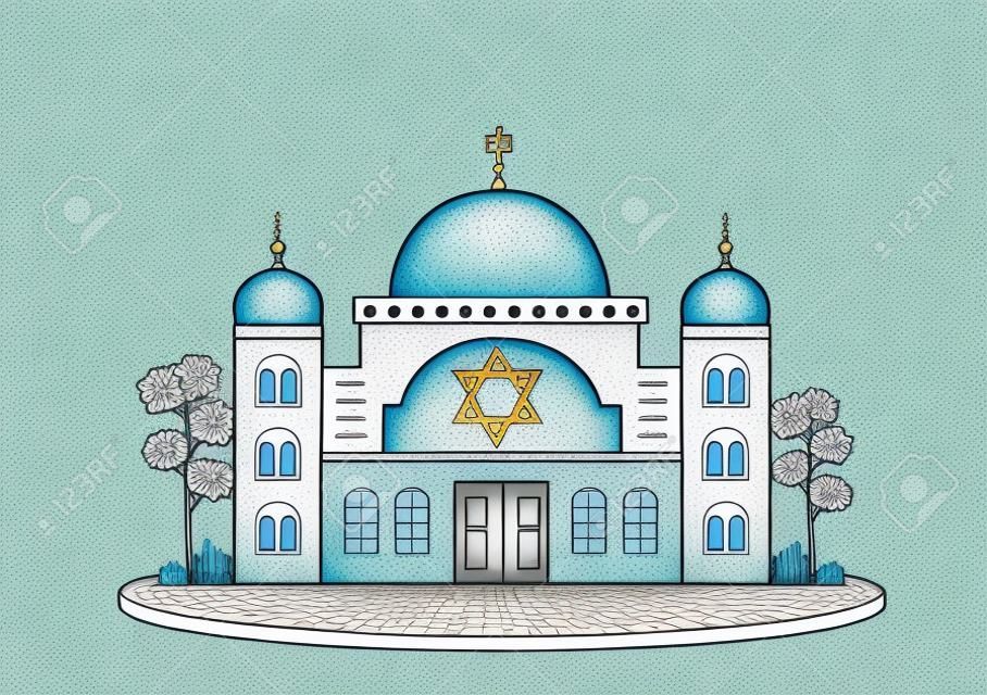 Synagogue Building or Jewish Temple with Religious, Hebrew or Judaism and Jew Worship Place in Template Hand Drawn Cartoon Flat Illustration
