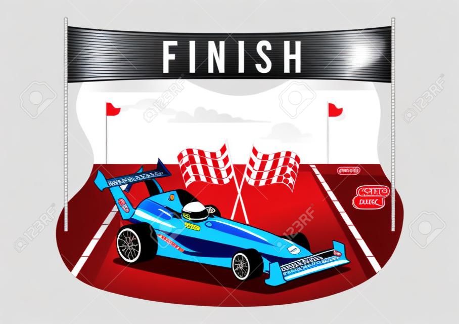 La voiture de sport de course de formule atteint sur le circuit de course l'illustration de dessin animé de la ligne d'arrivée pour remporter le championnat dans la conception de modèles dessinés à la main de style plat