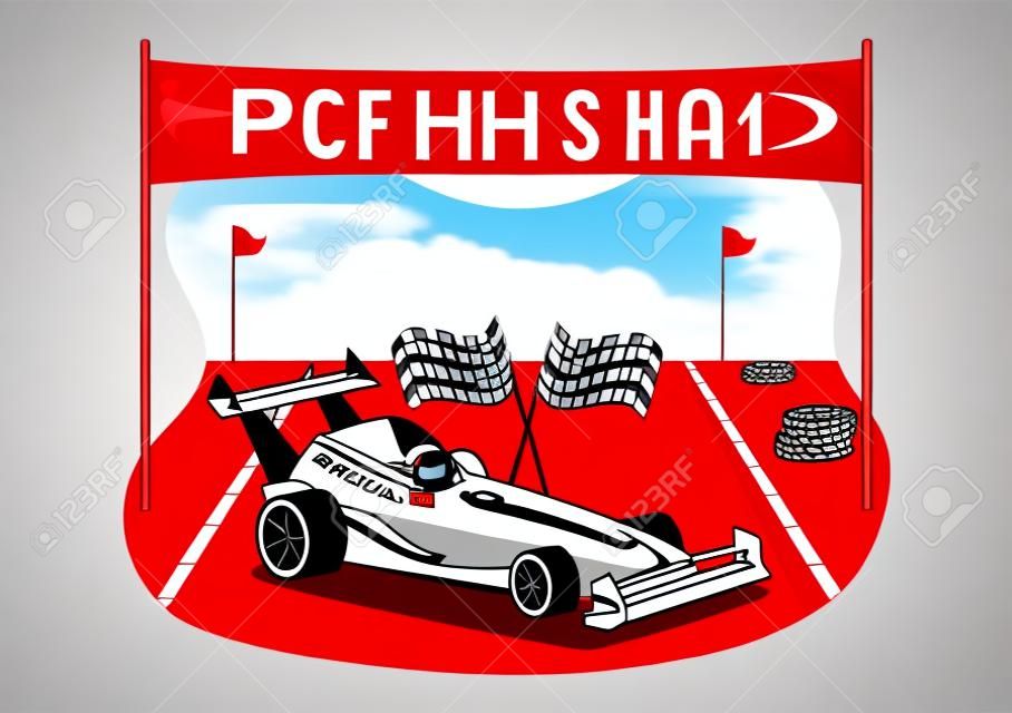Formula Racing Sport Car Reach on Race Circuit the Finish Line Cartoon Illustration to Win the Championship in Flat Style Hand Drawn Templates Design