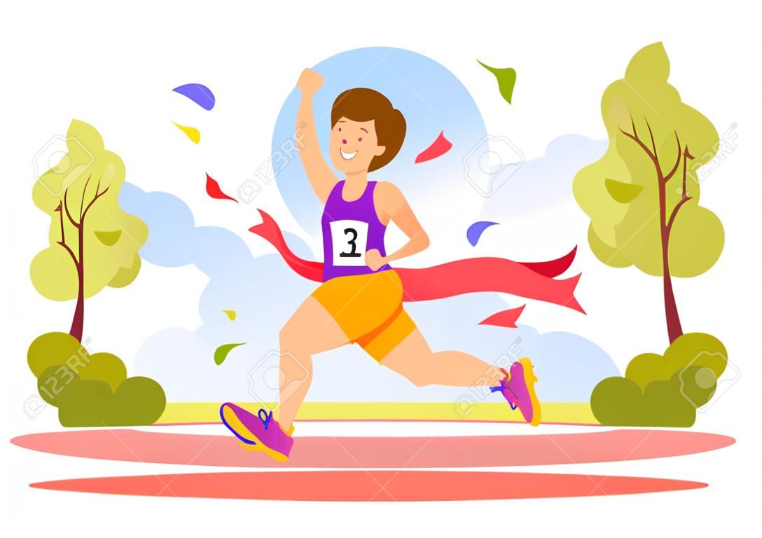 Ilustración de carrera de maratón con gente corriendo, trotando en un torneo deportivo y corriendo para llegar a la línea de meta en una plantilla plana dibujada a mano