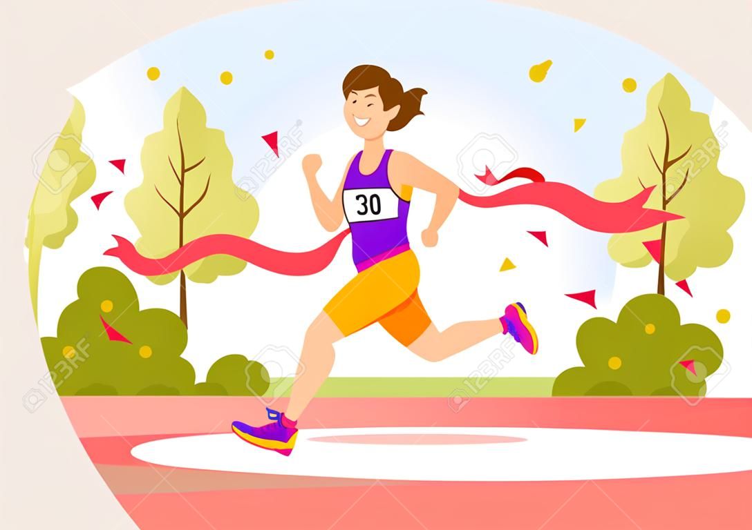 Illustrazione della maratona con persone che corrono, fanno jogging nel torneo sportivo e corrono per raggiungere il traguardo nel modello disegnato a mano del fumetto piatto