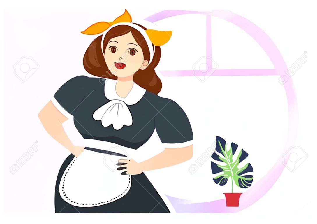 Professional Girl Maid Illustration of Cleaning Service Wearing her Uniform with Apron for Clean a House in Flat Cartoon Hand Drawn Templates
