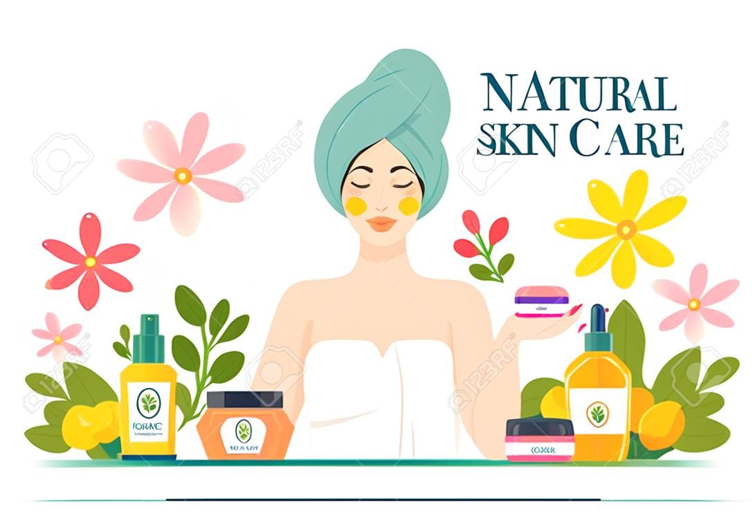 Natural Skin Care Vector Illustration of Women Applying Cosmetics Face Skincare Products with Organic Ingredients in Flat Cartoon Background Template