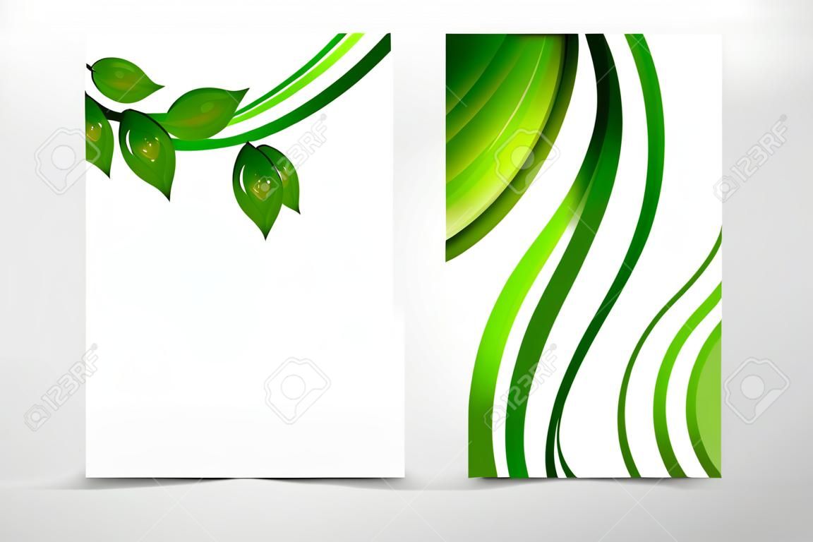 Disegno del modello di volantino onda anteriore e posteriore. Modello astratto con linee verdi e foglie in stile floreale. Illustrazione vettoriale