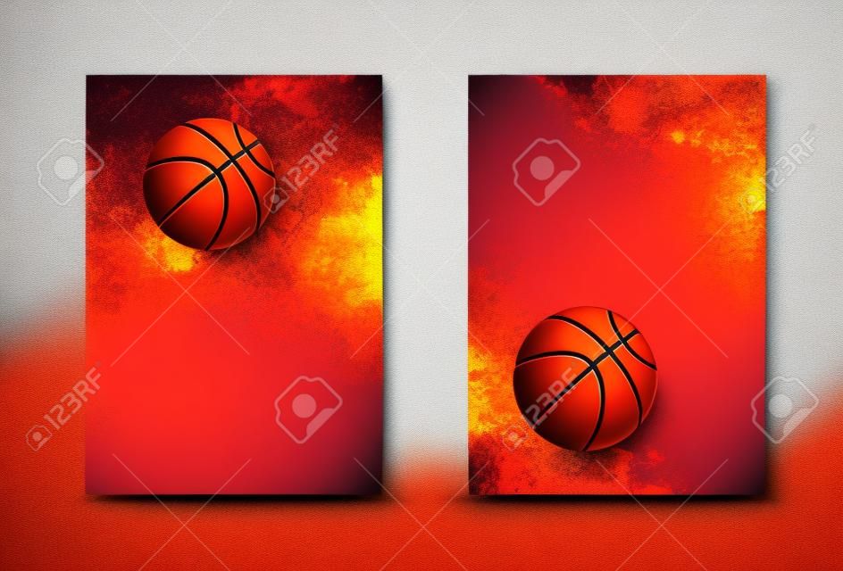Voor- en achterkant digitale flyer template ontwerp. Abstract sjabloon in rood en oranje kleuren met basketbal in grunge stijl.