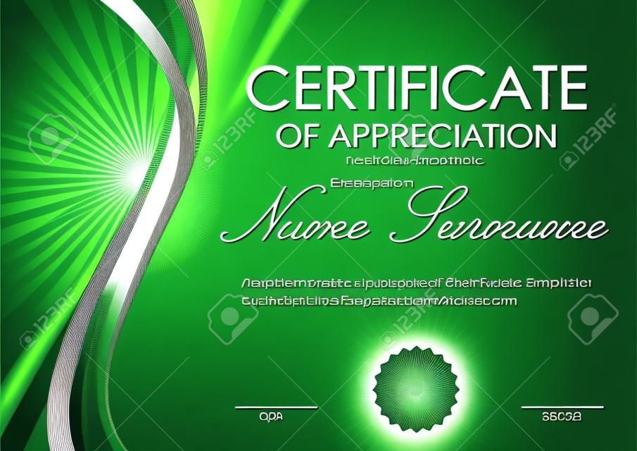 Certificaat van waardering sjabloon met groene dynamische heldere golven vortex achtergrond en afdichting. Vector illustratie