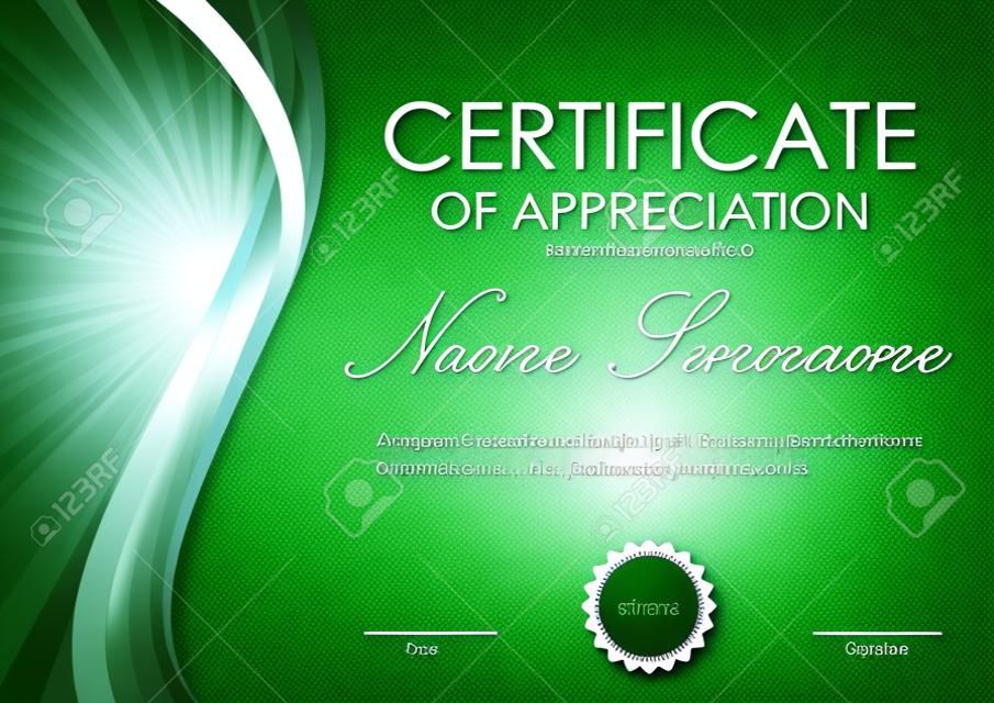 Certificaat van waardering sjabloon met groene dynamische heldere golven vortex achtergrond en afdichting. Vector illustratie