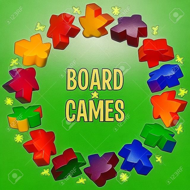 Circle frame of multicolored meeples for board games. Game pieces and resources counter icons.