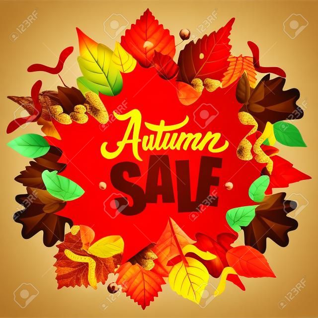 Cadre avec feuilles d'automne, châtaigne, acorn et Ashberry. Lettrage du texte de vente d'automne. Season Discount Banner Isolated