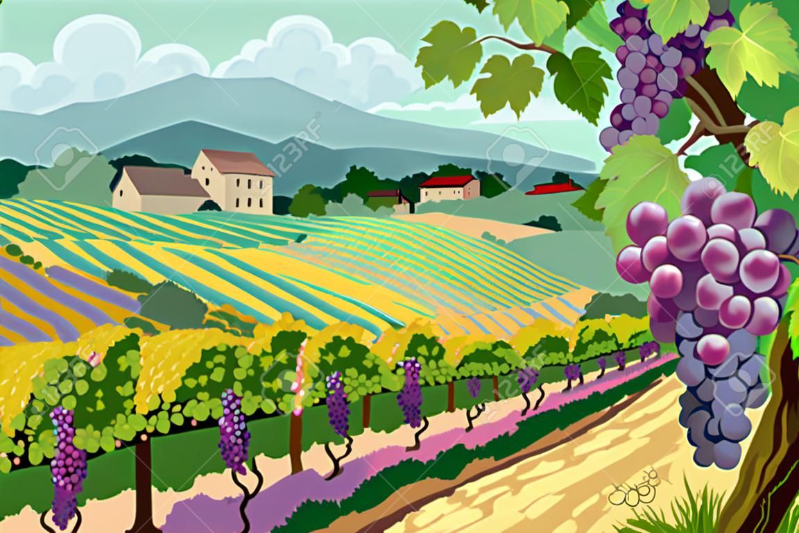Paesaggio rurale con grappoli di vigneto e uva