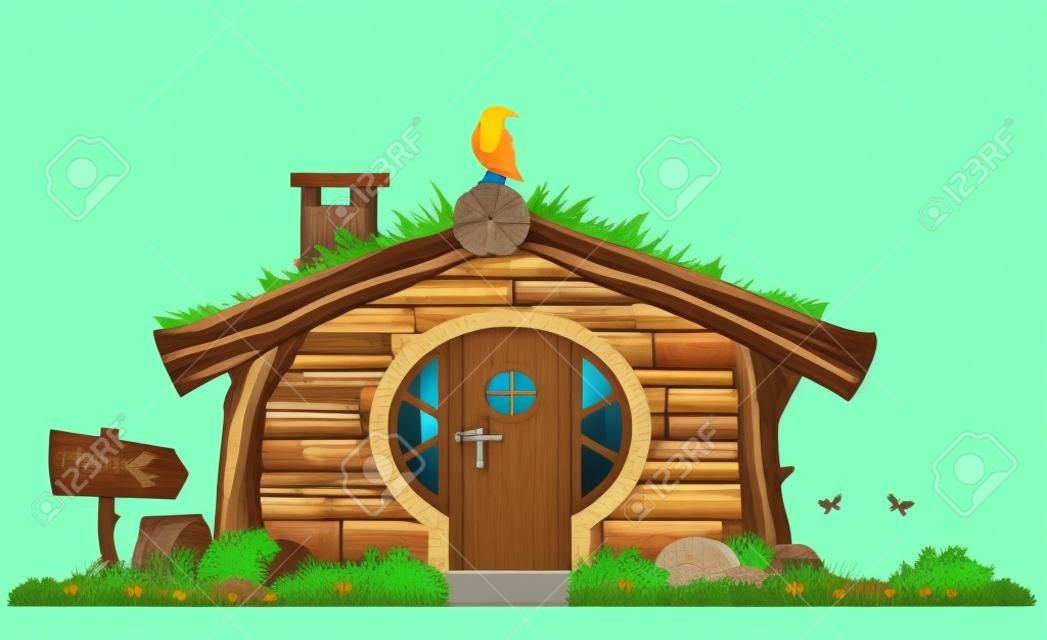 Fabulous forest hut dwarf or hobbit. A little house of stones and logs. Eco architecture. Vector graphic concept