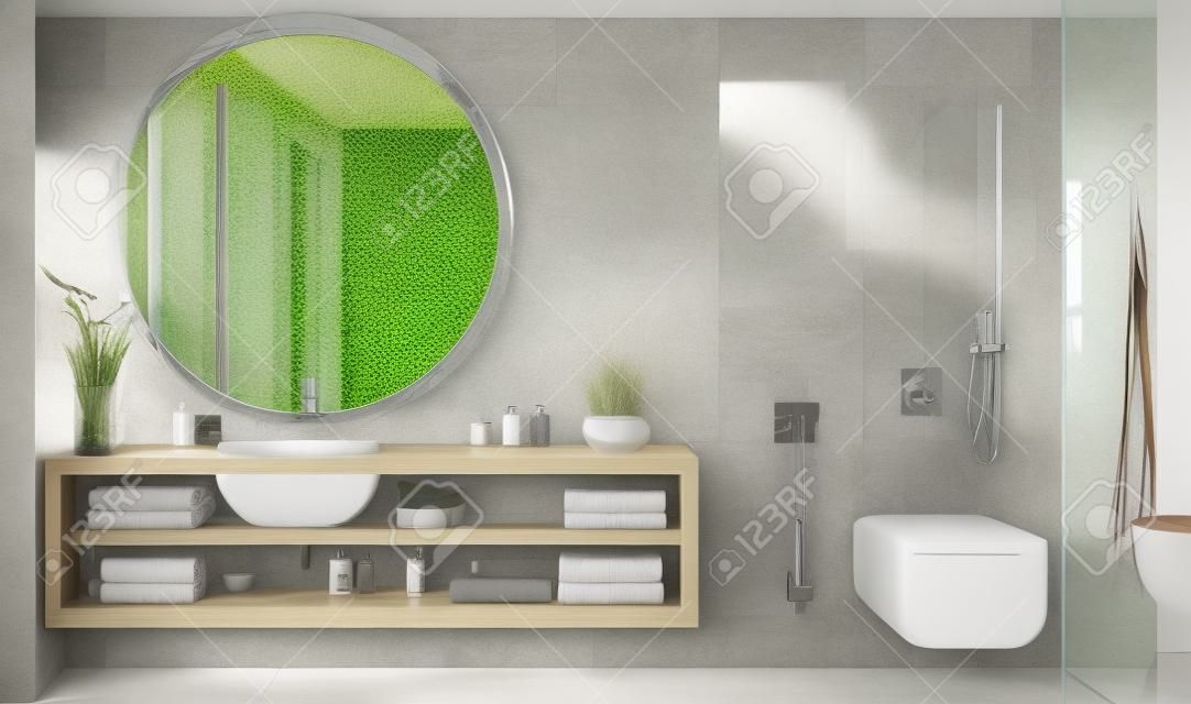 Illustration 3D. Salle de douche moderne en verre de style loft. Finition de carreaux de céramique. Maison et intérieur. Des portes en verre. Décor et équipement