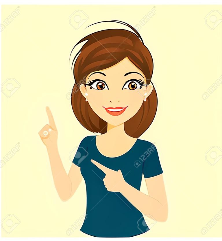 Girl's emotion. A young girl points her fingers with a playful look. Character. Flat style. Cartoon.