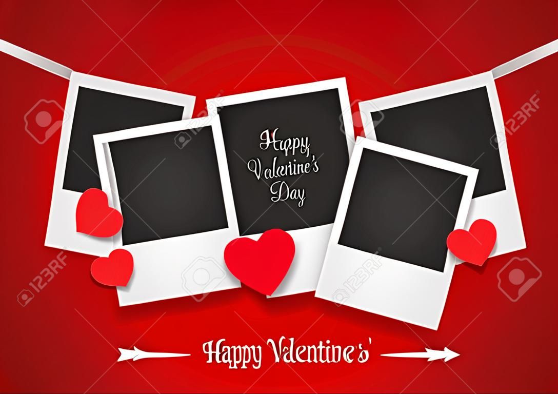 День святого Валентина Открытка С с пустой шаблон для фото. Фоторамка на красном фоне.
