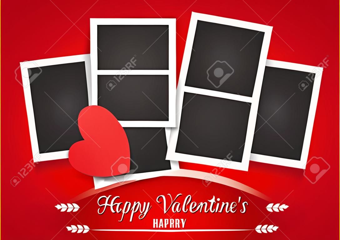 Postcard Happy Valentine\'s Day with a blank template for photo. Photo frame on a red background.