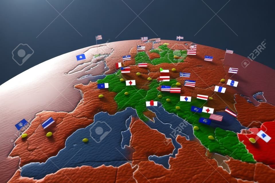 3d render da Europa mapa com países bandeiras