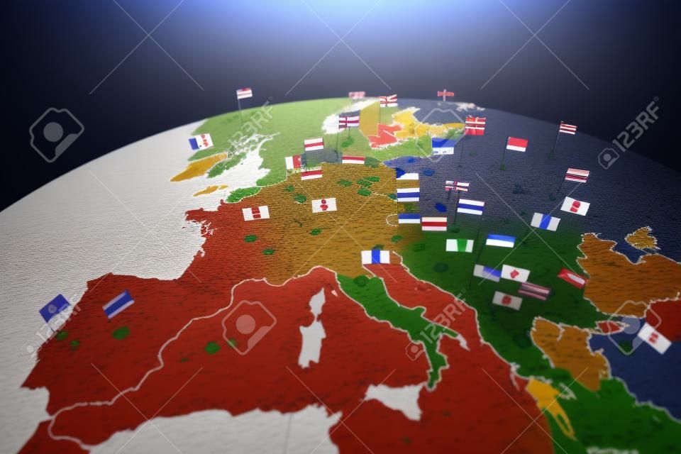 3d render van Europa kaart met landen vlaggen