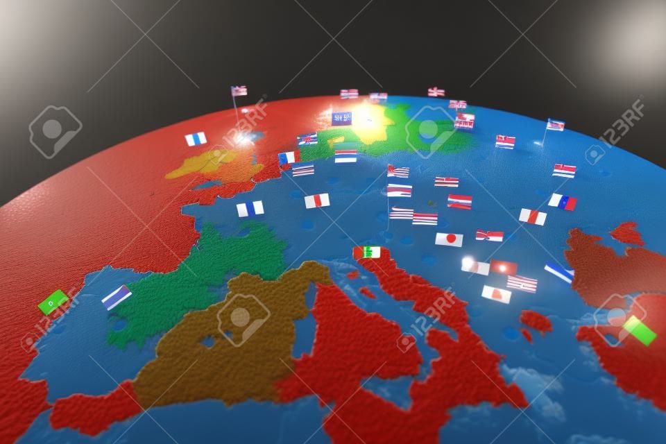 3D rendering di mappa Europa con bandiere di paesi