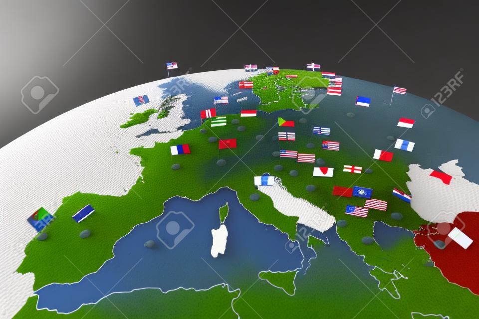 国のフラグを持つヨーロッパの地図の 3 d レンダリング