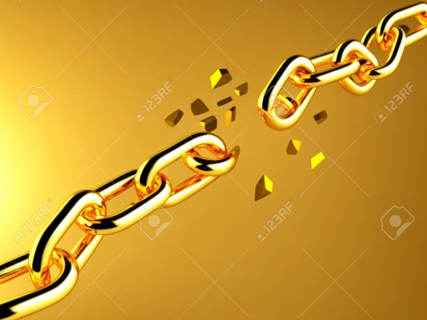 3d render of golden broken chain isolated on white background 