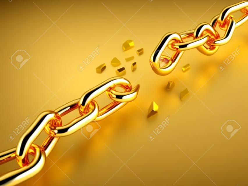 3d render of golden broken chain isolated on white background 