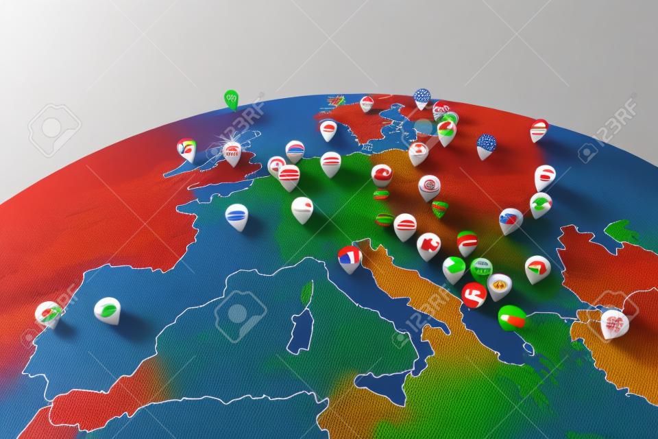 欧洲地图的3D渲染与国家标志位置引脚