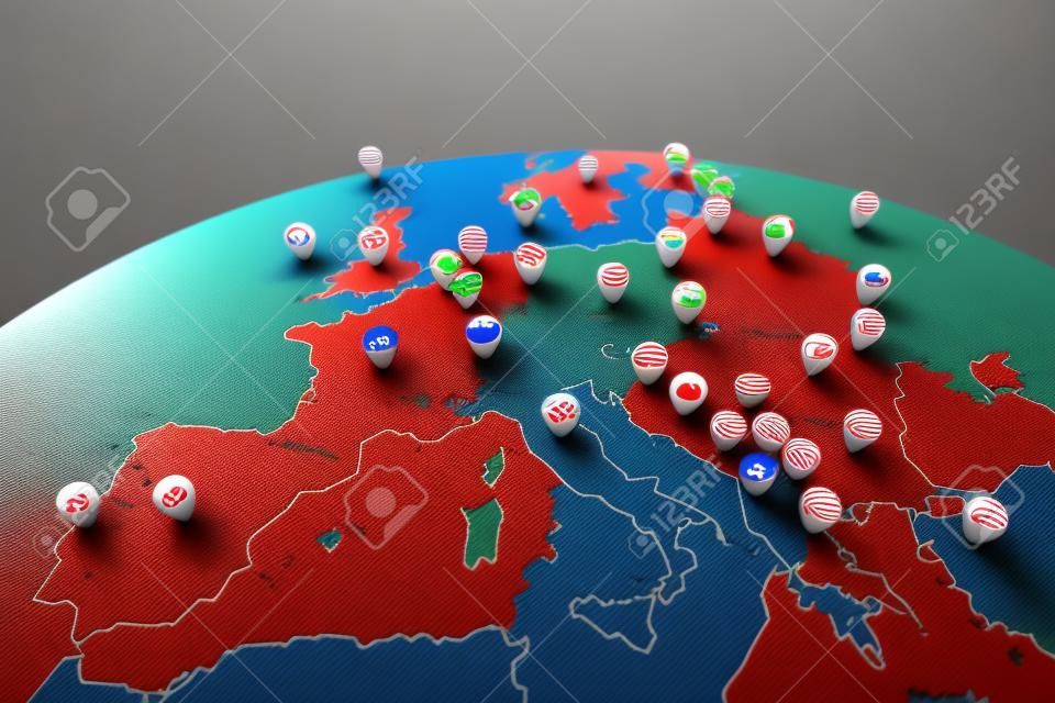 3d render of Europe map with countries flags location pins