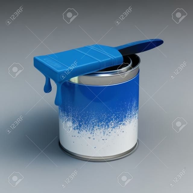 3d rendering of blue paint in the opened can with brush. Renovation concept