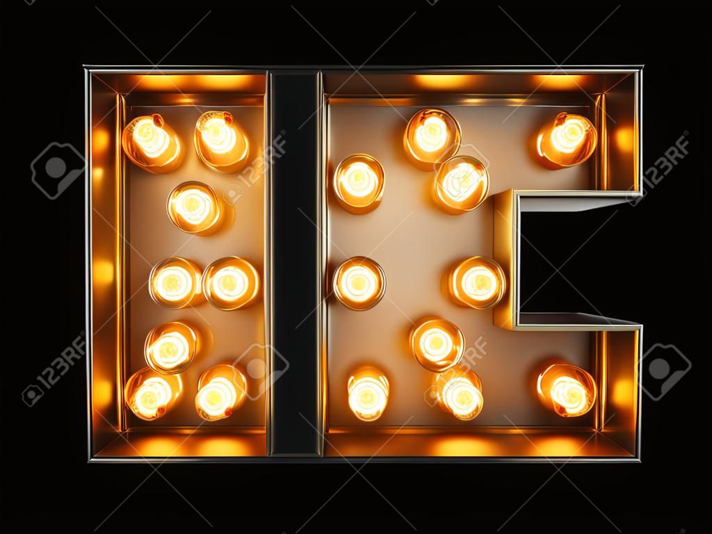 incandescent ampoule incandescent lettre e police signe de l & # 39 ; alphabet e vue de face symbole lumineux sur fond noir. rendu 3d