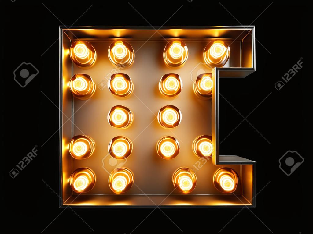 Свет лампы светящиеся буквы алфавита символов E шрифта. Вид спереди загоренный символ столицы на черной предпосылке. Иллюстрация перевода 3d