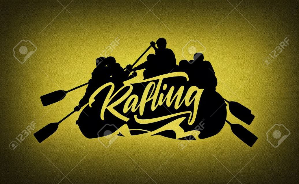 Hand drawn lettering on Silhouette of rafting team background. Typography emblem design