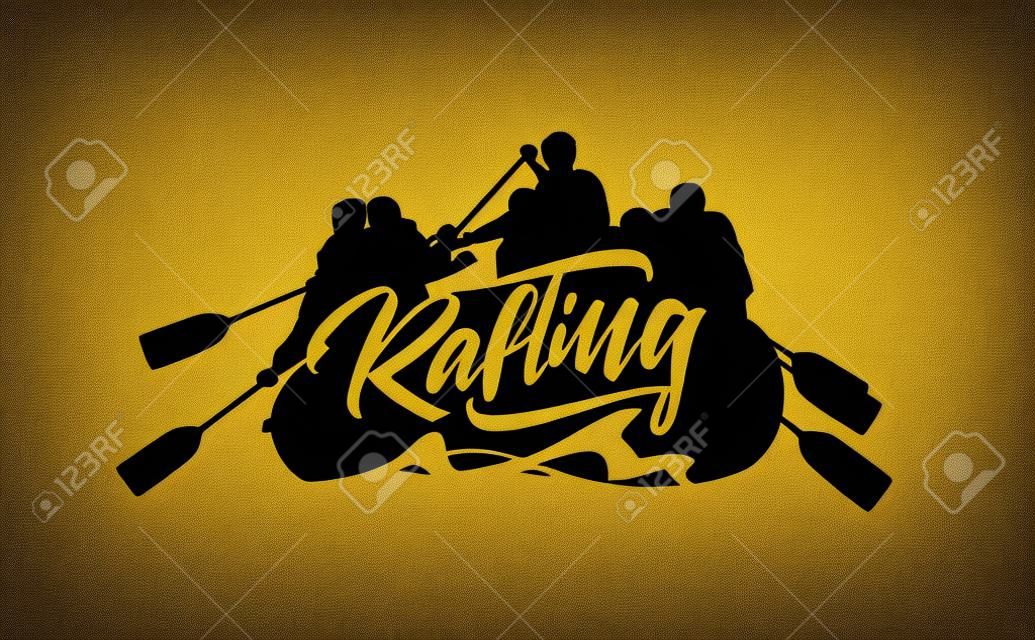 Hand drawn lettering on Silhouette of rafting team background. Typography emblem design