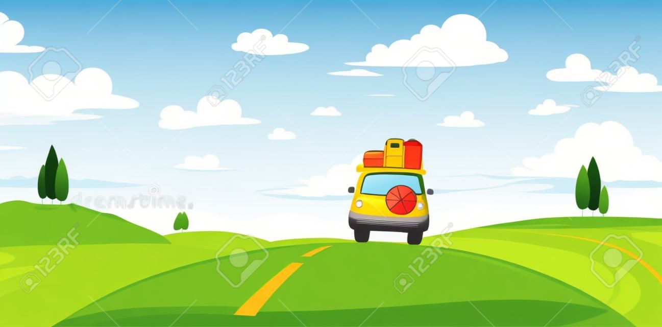 Ilustración vectorial: paisaje de verano de dibujos animados con viajes en coche por la carretera y el mar en el horizonte.