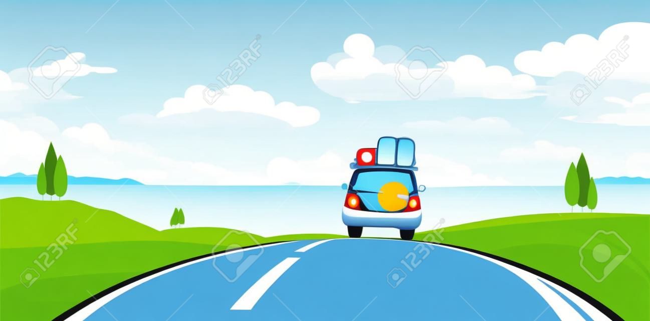 Illustration vectorielle : Paysage d'été de dessin animé avec des promenades en voiture de voyage sur la route et la mer à l'horizon.