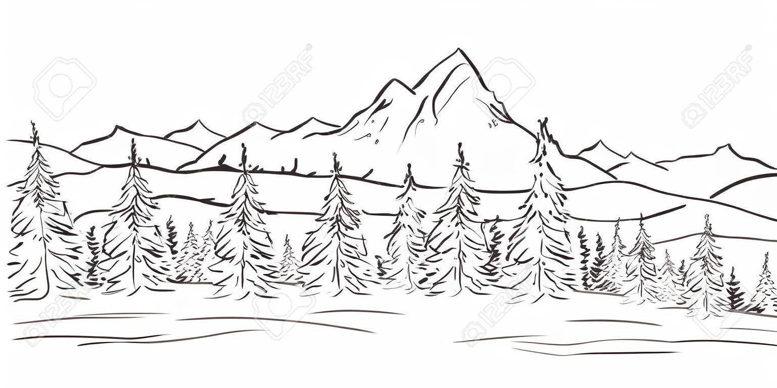 Ilustracja wektorowa: Ręcznie rysowane góry szkic krajobraz ze szczytami i sosnowego lasu. Projekt linii