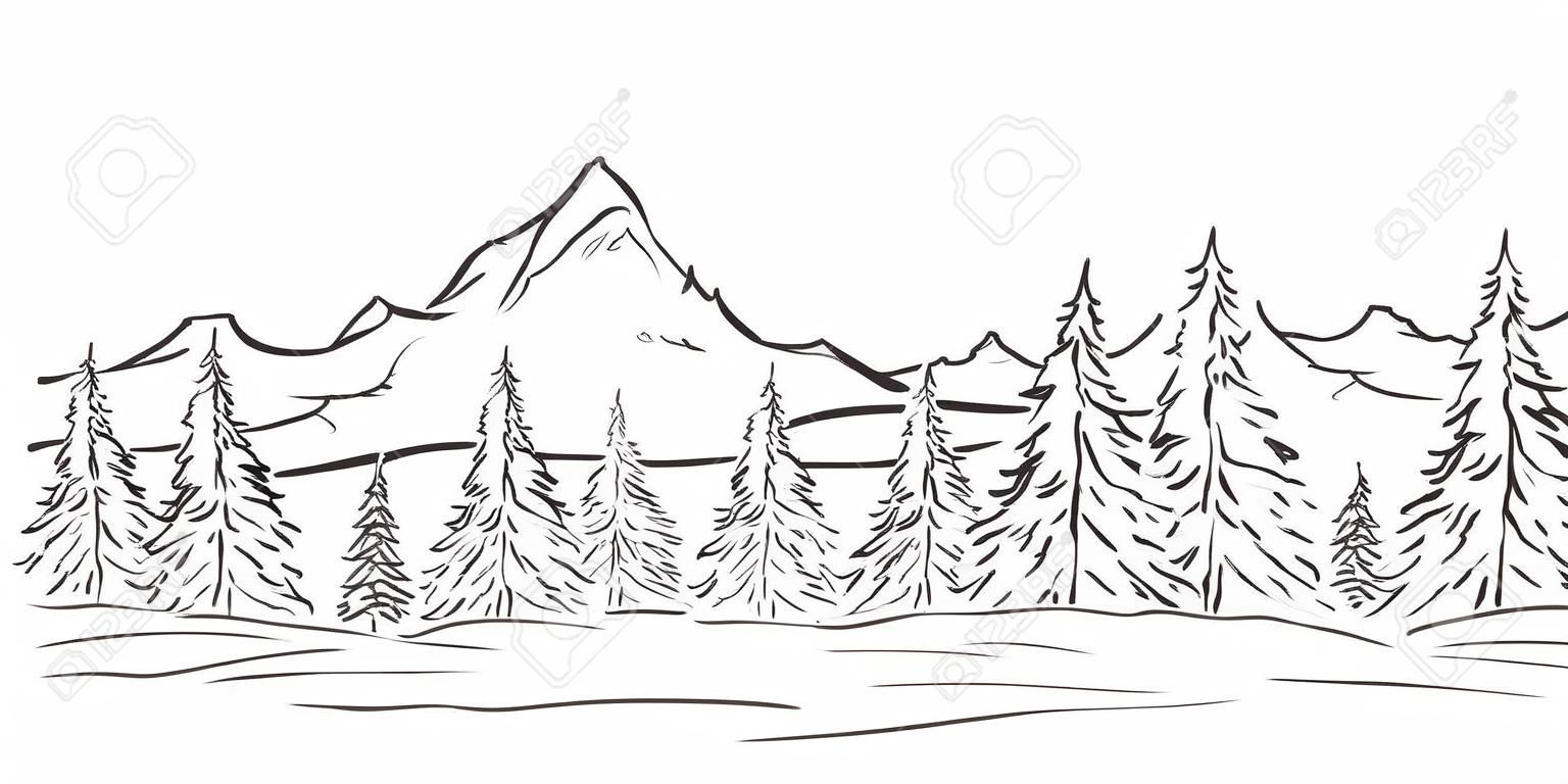 벡터 그림: 손으로 그린 산은 봉우리와 소나무 숲이 있는 풍경을 스케치합니다. 라인 디자인
