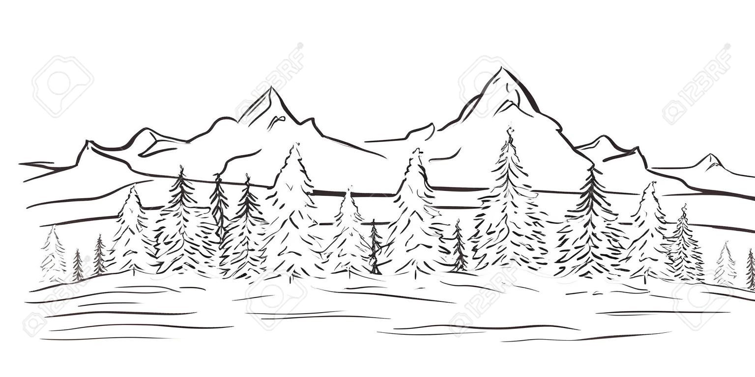 Ilustración vectorial: Paisaje de bosquejo de montañas dibujadas a mano con picos y bosque de pinos. Diseño de línea