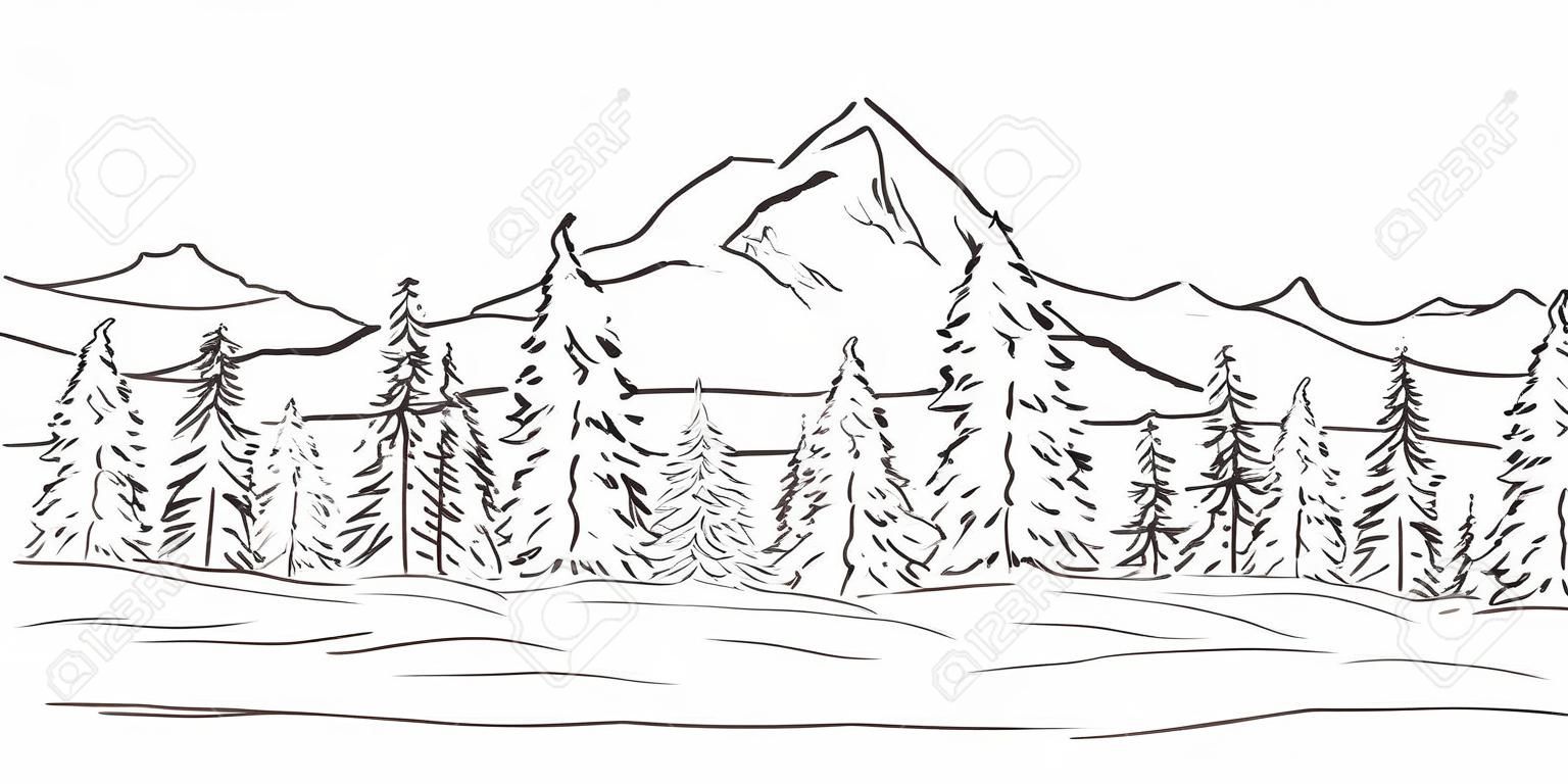 Vector illustratie: Hand getekend Bergen schets landschap met pieken en pijnbomen bos. Lijn ontwerp