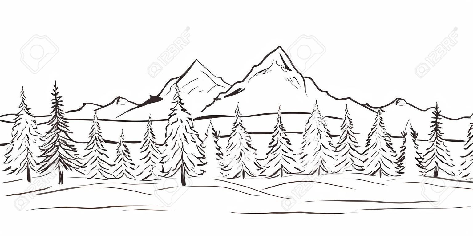 Ilustración vectorial: Paisaje de bosquejo de montañas dibujadas a mano con picos y bosque de pinos. Diseño de línea
