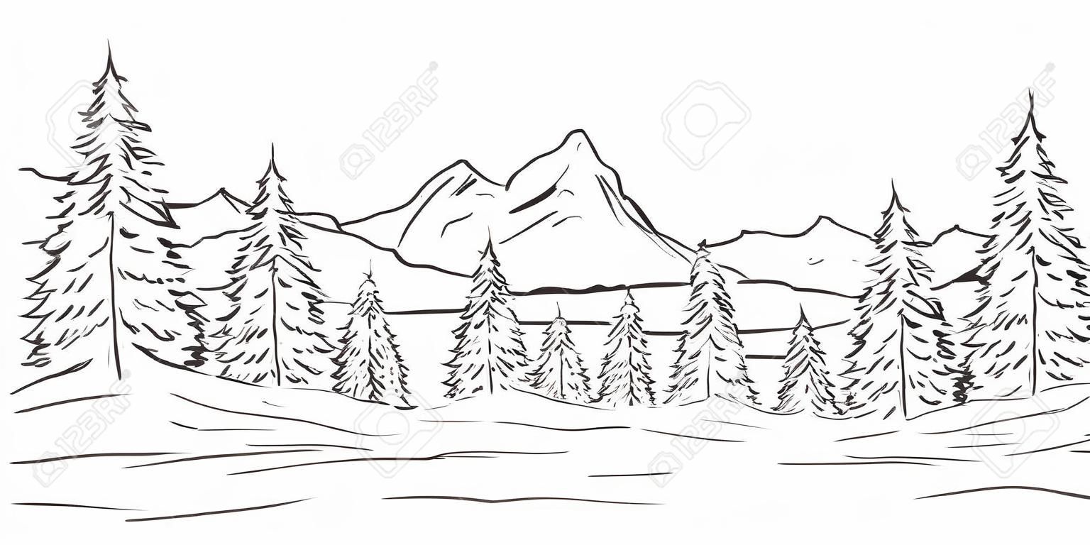 Vector illustratie: Hand getekend Bergen schets landschap met pieken en pijnbomen bos. Lijn ontwerp