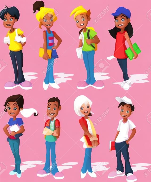 Group of cartoon teenager students