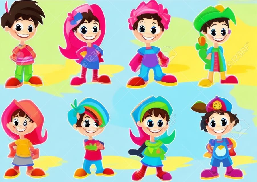 Set of 8 cute happy cartoon kids 